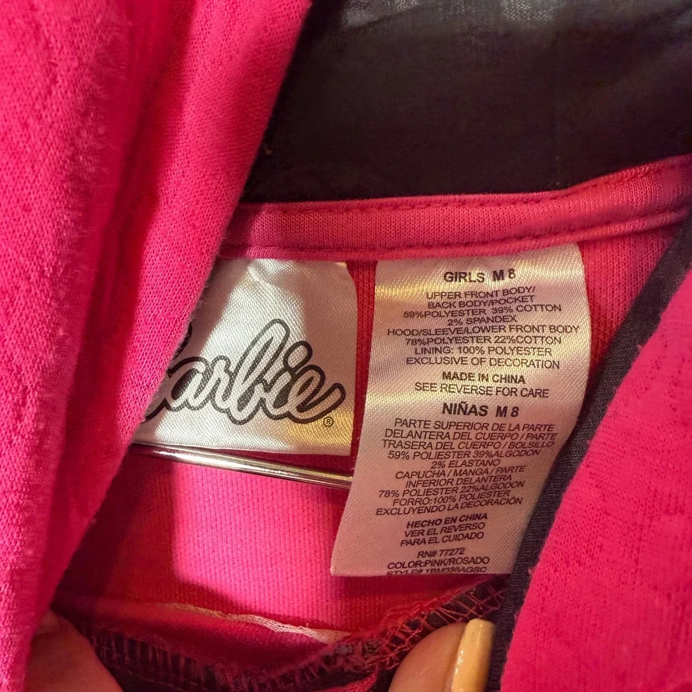 Barbie Pullover Hoodie Girls M 8 Pink Quilted Metallic Logo Sporty Sweatshirt‎